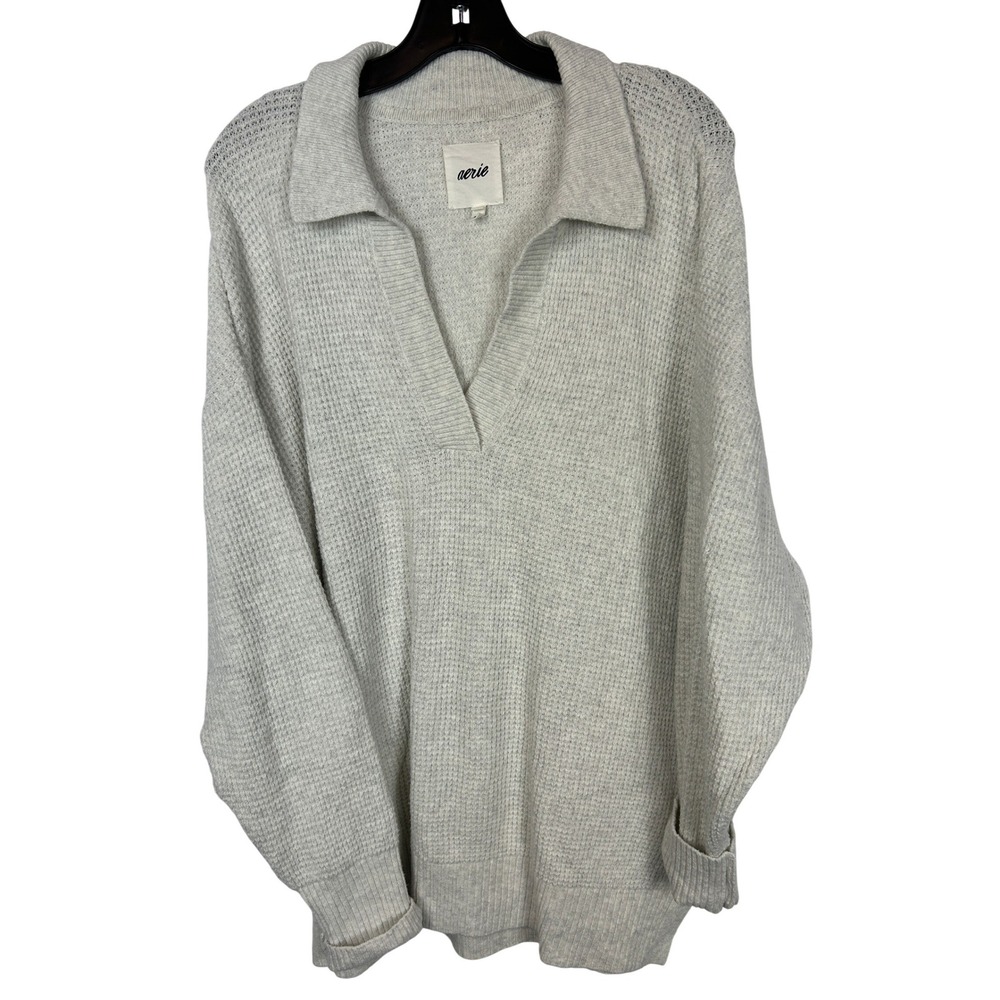 Aerie Oversized Waffle Knit Polo Sweater Heather Gray V-Neck Pullover Large